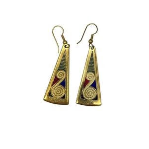 Vintage Tara Ware Gold Tone Enamel Spiral Triangle Drop Dangle Earrings Red Blue